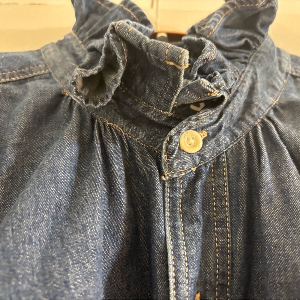 KMJ Signature Ruffle Collar Denim Botton-Down Shirt with 3/4 Sleeves, Size Small - Picture 7 of 12